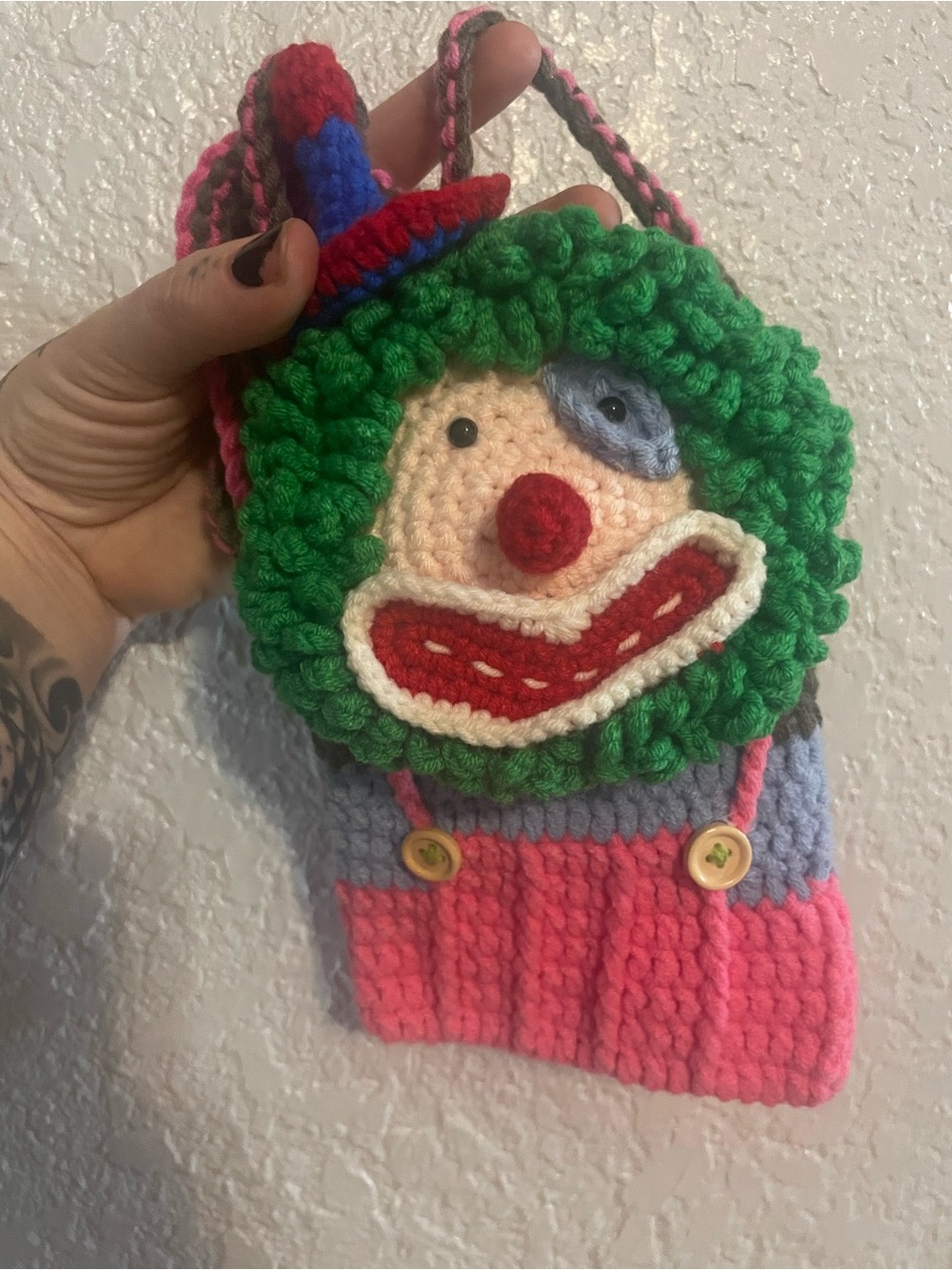 Handmade Clown Crochet Crossbody Bag in Green and Pink phone case